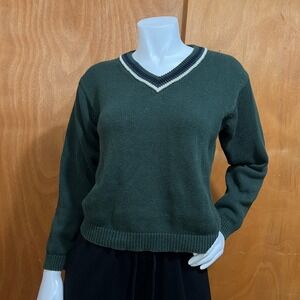 Vintage PAZZO Forest Green V-Neck Cricket Sweater Medium Knit Trim